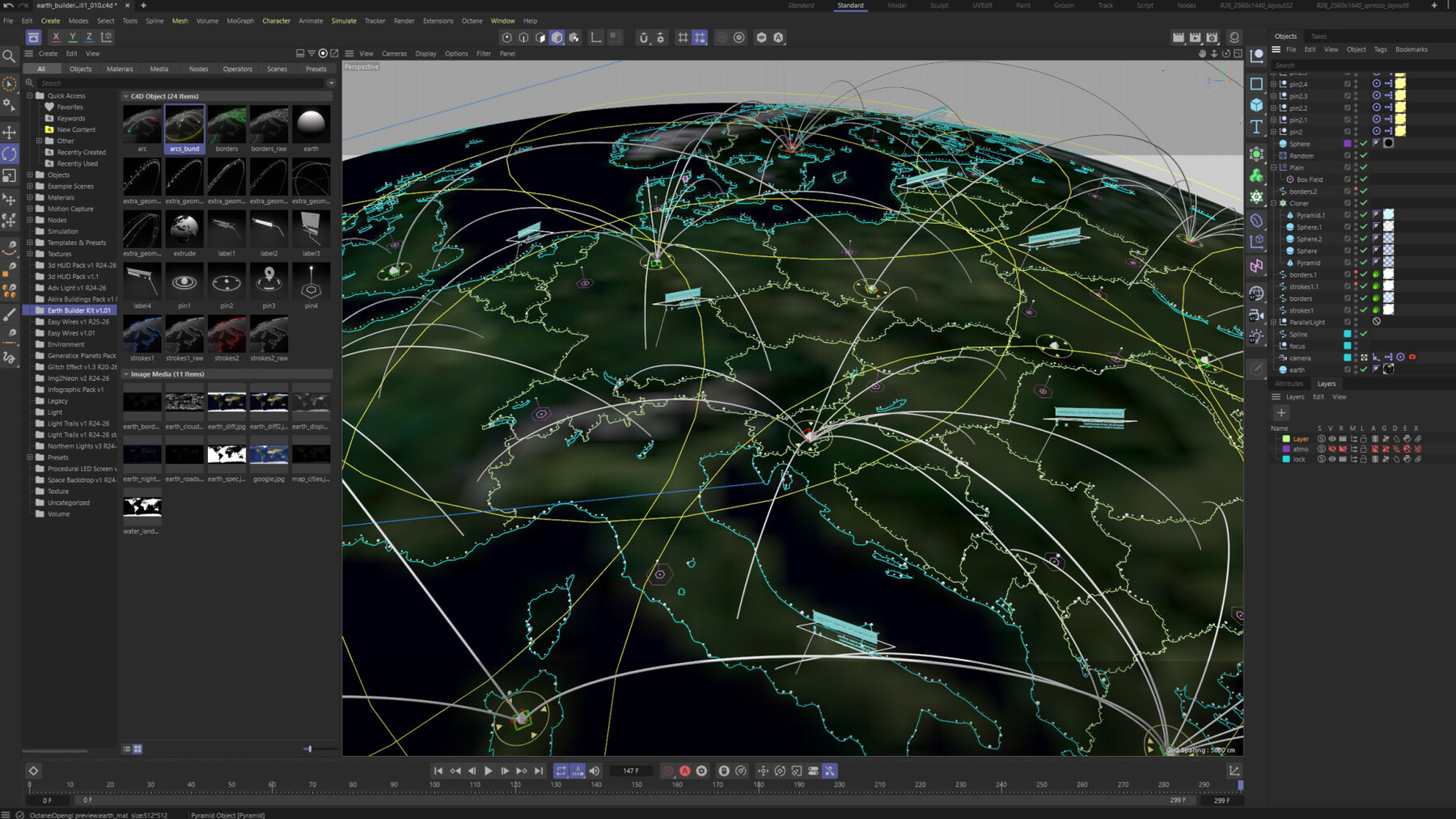 Earth Builder Kit Fro Cinema 4D 科技感地球地点定位预设